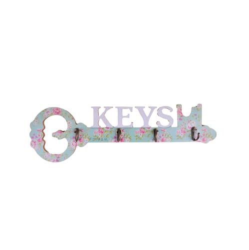 F DREAM Decorative Key Hanger in the Shape of a Large Key and the Inscription Key, Beautiful Floral Print with 4 Hooks for Hanging, Wooden Hanger for Key