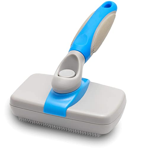 Emily Pets Dog Grooming Brush Self Cleaning Slicker Comb Brushes for Dogs Cats Pet Grooming Brush Tool Gently Removes Loose Undercoat, Mats Tangled Hair -Thin Needle(Blue)