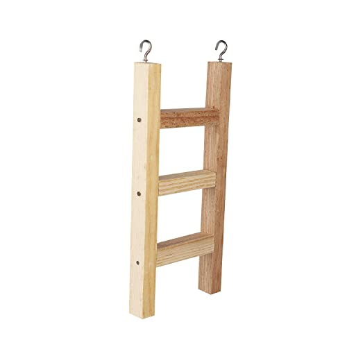 Wild Bird Care 3 Stairs Fun Natural Wooden Ladder Toy for Training, with Hooks, Designed for Birds, Parrot, Budgies and Other Small, Medium Birds (Brown, Size: W 12.5 X H 31 cm)