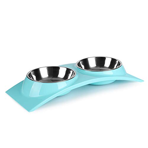 Bososenonbrand Paragon Double Small Dog Bowls Premium Stainless Steel Food And Water Bowls For Cats, Dual Use Pet Feeder With Stand Free The Neck For Small Dogs & Cats(Blue),38.1x5.6x16.5 Cm