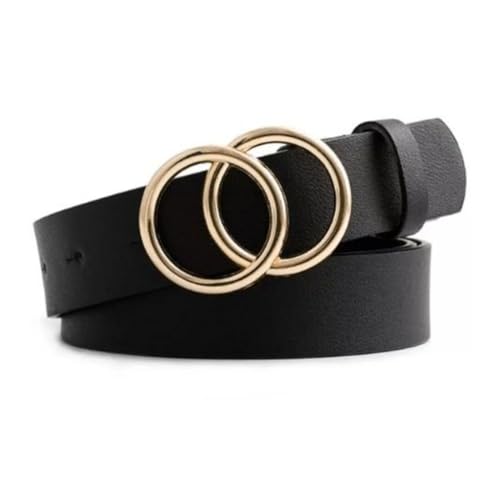 FDreaM Women Belt with Gold Double Ring Buckle – Stylish Leather Waist Belt for Dresses, Jeans, Casual (Black, 34 Inch)