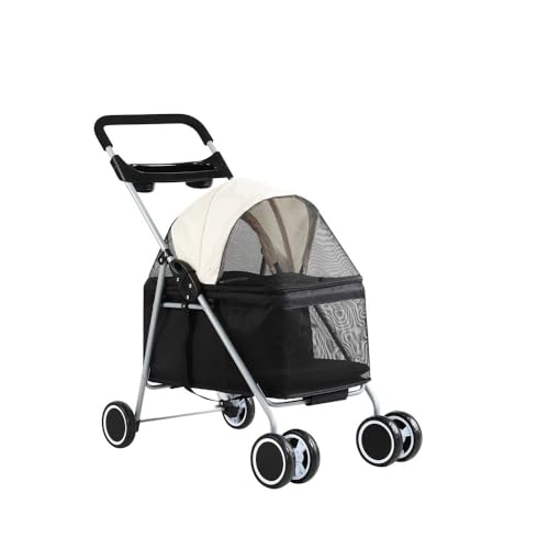Emily Pets 4-Wheel Pet Stroller for Small Medium Dogs & Cats – Foldable, Waterproof Travel Carrier with Cup Holder, Removable Liner, Portable Dog Stroller, Black-White