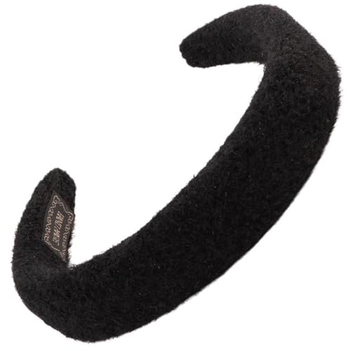 F DREAM Furry Knitted Headband Fluffy Sponge Padded Head Hoop Knit Wide Hair Hoop Winter Plush Hair Band Hoop Girl Headwear Hair Accessories (HB-Black)