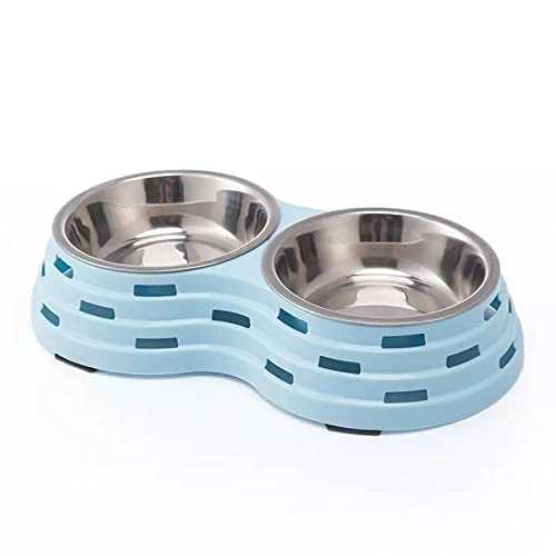 Emily Pets Double Dining Pet Feeder Feeding Drinking Stand Tray Station with Stainless Steel Bowl & Non-Slip Rubber Bottom, Dual Diner Bowls Removable Dishes Food for Dogs (Blue,41.5*22*7 cm),Large