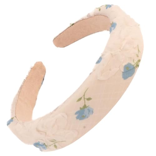 F DREAM Padded Headband,Floral Lace Bow Decor Headband,Fashion Headbands for Girls Women (HB-White-Blue)