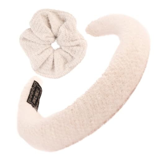 F DREAM Furry Knitted Headband Fluffy Sponge Padded Head Hoop Knit Wide Hair Hoop Winter Plush Hair Band Hoop Girl Headwear Hair Accessories,Hair Scrunchies, Ponytail Holder(Pack2-White)