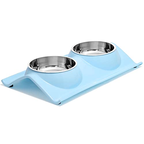 UPSKY Double Dog Cat Bowls Premium Stainless Steel Pet Bowls No-Spill Resin Station, Food Water Feeder Cats Small Dogs (Lake Blue)