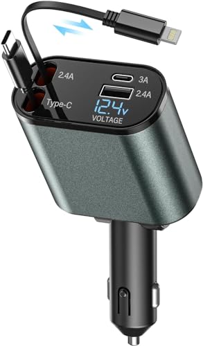 F DREAM 120W Retractable Car Charger 4 in 1 Fast Car Charger with Retractable Cables and Voltage Display, for 12V/24V Vehicles, Compatible with IP-Hone, Android, Samsung