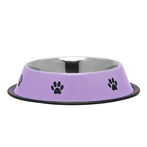 Emily Pets Stainless Steel Paw Printed Food Water Feeding Bowl and Black Rubber Base Dogs & Puppies (Purple Colour)