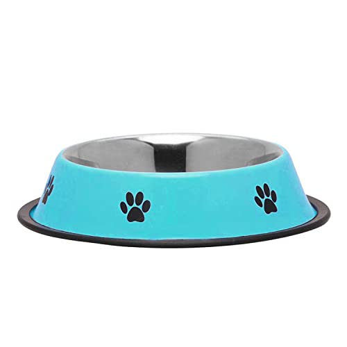 Emily Pets Stainless Steel Printed Food Water Feeding Bowl and Black Rubber Base Dogs & Puppies (Sky Blue Colour)