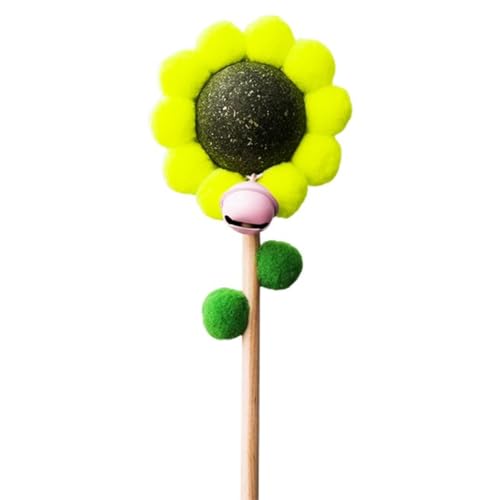 emily pets Cat Teaser Wand with Bell Pompom Flower Shape Wooden Handle Promote Digestion Natural Materials Kitten Food Edible Catnip Ball Cat Stick Toy Pet Supplies
