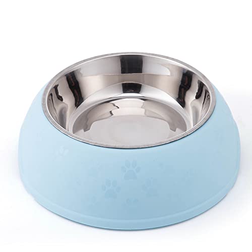 Emily Pets Dog Bowl with Stand Paw Print Single Dining Round Dog Bowl Feeder with Plastic Stand Lagre Pet Feeder with Stainless Steel Bowl & Non Slip Rubber Bottom(Sky Blue -29.5 * 10cm)