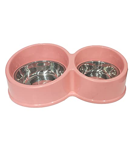 Emily Pets Double Diner Dining Cat, Dog Pet Feedrer With Stainless Steel Raised Bowl & Non Slip Rubber Bottom- 28.3 * 17.3 * 5Cm(Pink)