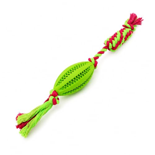emily pets Dog Treat Dispensing Rope Tug Toy with Rubber Rugby Ball - Interactive Chew Toy for Small, Medium & Large Dogs, Puppy Teething & Dental Cleaning