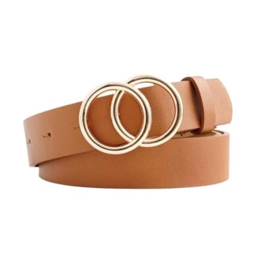 FDreaM Women Belt with Gold Double Ring Buckle – Stylish Leather Waist Belt for Dresses, Jeans, Casual (Brown, 34 Inch)