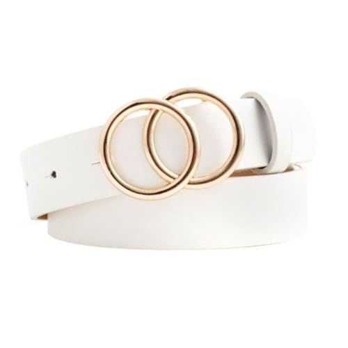 FDreaM Women Belt with Gold Double Ring Buckle – Stylish Leather Waist Belt for Dresses, Jeans, Casual (White, 28 Inch)