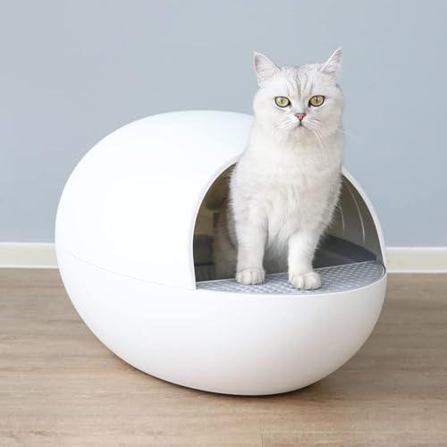 Emily Pets Automatic Self-Cleaning Cat Litter Box, Infrared Sensor, Low Noise, Enclosed Odor Control, No-Roller Safety Design | Suitable for All Cats | Modern Egg-Shaped Design (White)