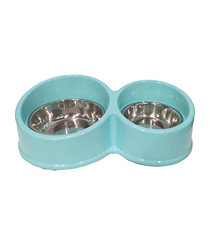 Emily Pets Dog Bowl Double Dog Cat Raised Bowl Premium Stainless Steel Water and Food Raised Bowls, Pet Feeder Bowls Set with Non-Slip Resin Station for Small Medium Dogs Cats-28.3 * 17.3 * 5cm(Blue)