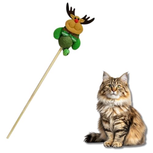 Cature Cat Teaser Wand Toy with Plush Reindeer, Catnip Ball & Bell, Wooden Stick Interactive Toy for Exercise, Hunting Play for Indoor Cats