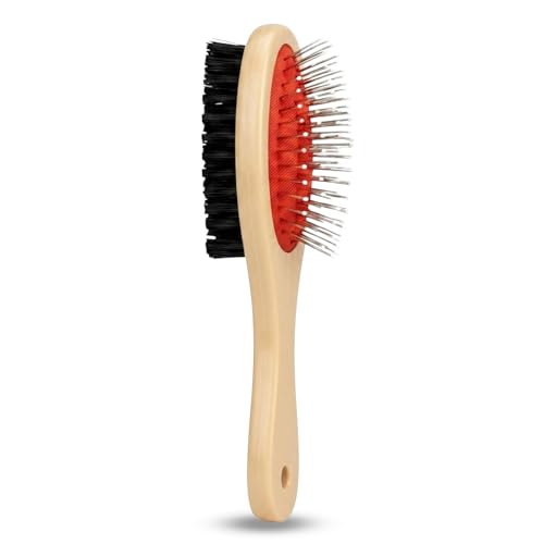 Emily Pets Double-Sided Pet Grooming Brush for Dogs & Cats – Soft Bristle & Stainless Steel Pin Brush for Detangling, Cleaning & Grooming