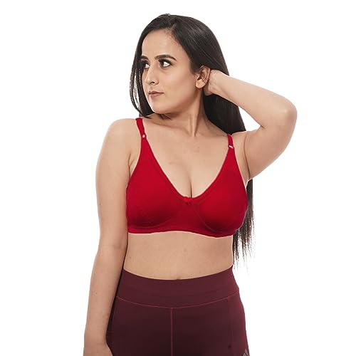 FDreaM Women's Wirefree Non Padded Super Combed Cotton Elastane Stretch Full Coverage Everyday Bra with Adjustable Straps Cotton RED 32B