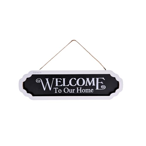 F DREAM Welcome to Our Home Hanging Rustic Wood Sign for Front Door Decoration - Black and White, Ideal for Home or Farmhouse Style Décor