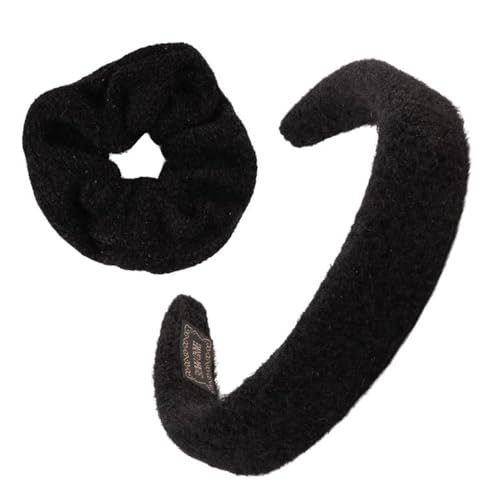F DREAM Furry Knitted Headband Fluffy Sponge Padded Head Hoop Knit Wide Hair Hoop Winter Plush Hair Band Hoop Girl Headwear Hair Accessories,Hair Scrunchies, Ponytail Holder(Pack2-Black)