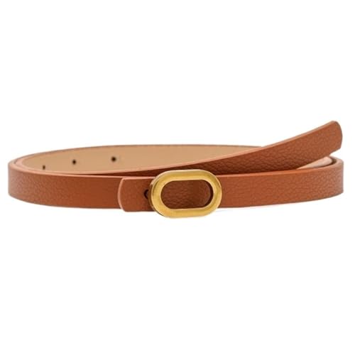 FDreaM Women's Slim Belt with Gold Oval Buckle | Elegant Faux Leather Waist Belt for Jeans, Dresses and Casual Clothing (Brown, 24 Inch)