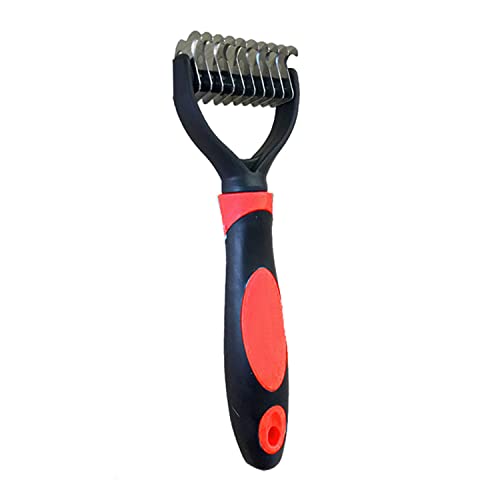 Emily Pets Dematting Comb for Dogs and Cats | Removes Tangles, Knots, and Loose Fur | Stainless Steel Grooming Rake Brush (Red)