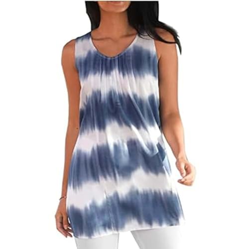 F Dream Women's Sleeveless Casual Swing Mini Dress for Daily use Tie and dye Print Tunic Top (Blue, 42 Inch)