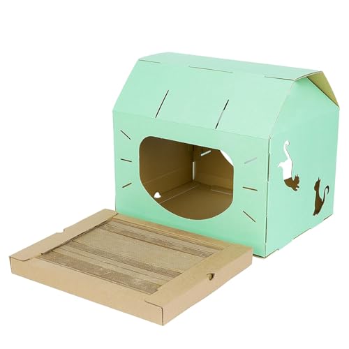Emily Pets Cat House with Corrugated Scratcher Pad | Foldable Cardboard Cat Hideout, Cat Bed & Playhouse | Indoor Cat Shelter for Cats & Kittens