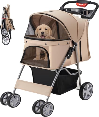 Emily Pets Pet Stroller for Dogs, Cats & Small Animals 4-Wheel Foldable Carrier with Sunshade, Mesh Windows, Cup Holder Portable Travel Stroller for Jogging, Walking – Up to 30 lbs Khaki