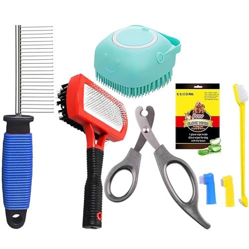 Cature Care by Nature Dog Grooming Kit-Dog Nail Scissors, Dog Toothbrush Kit, Dog Plastic Brush for Puppies and Dogs, Pet Wipes Glove, Pet Shampoo Brush for Dog & Cat (Pack of 6, Color me vary)