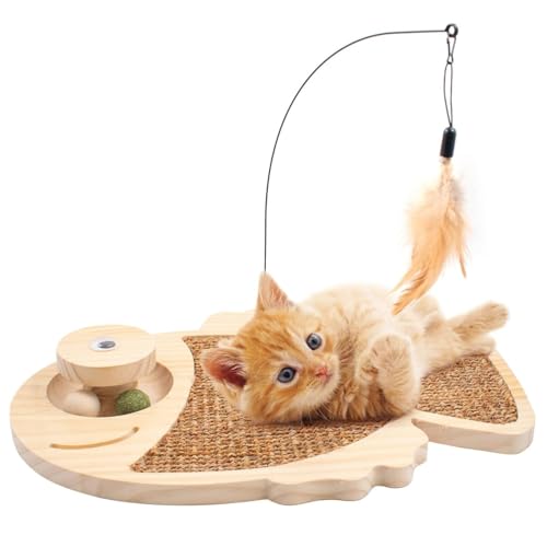Cature 3 in 1 Scratching Board Cat Fish Type Cat Scratching Plate Sisal Scrat Pad Cat Toy with Catnip Catnip Balls Feather Toy Cat Kitten Training Exercise Wooden Base Grinding Paw