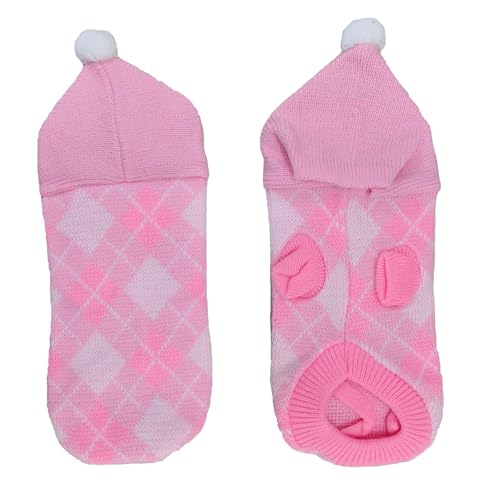Lulala Dog Winter Sweater – Warm Knitted Argyle Pullover with Hood for Small Dogs | Soft Cozy Pet Sweater with Pom-Pom for Cold Weather