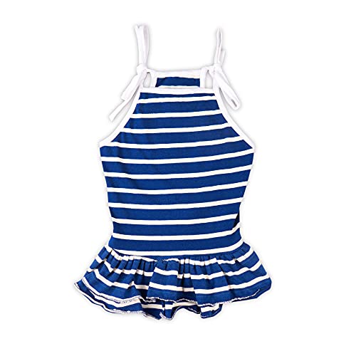 Emily Pets Dogs Striped Shirt Skirt Soft Cotton Lycra Pet Dress Clothes, Dog Spaghetti Summer Apparel, Puppy Outfits Blue White Stipped Clothing Princess Dresses(XS)
