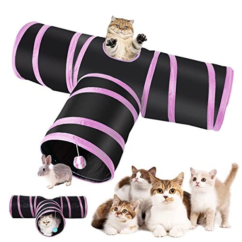 Emily Pets Cat Tunnel Toy 3 Way Collapsible for Indoor & Outdoor Play with Hanging Toy Ball for Cat, Puppy, Kitty, Kitten (Pink)