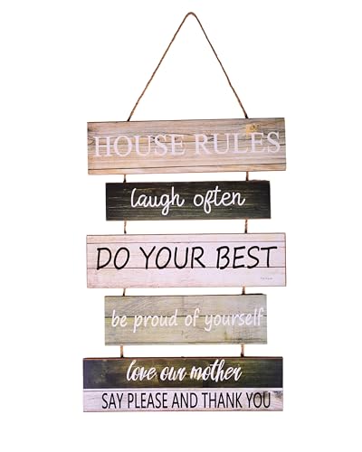 F DREAM Wall Hanging Sign, Rustic Wooden House Rules Sign, (Gratitude, Love, Friendship, Believe, Smile) - House Wall Decoration Sign for Living Room, Bedroom, Bathroom, Family and Kitchen