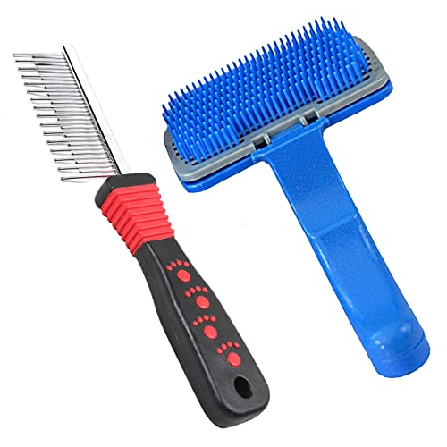 Emily Pets Dog Grooming Kit -Dog Plastic Slicker Brush with Press Key for Puppies and Dogs + Pet Comb for Dog, Puppy, Cat, Hamster, Rabbit(Pack 2, Multi Color)