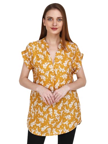 Fdream Women's Short Sleeve Casual Top Summer Floral Print Mandarin Collar Loose Fit Tee Blouse Tops (Yellow, 54 Inch)