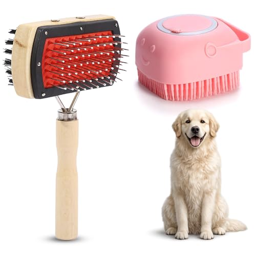 Emily Pets 2-in-1 Pet Grooming Kit for Dogs & Cats | Double Sided Pin & Bristle Brush with Silicone Bath Massage Brush for Shedding & Fur Care