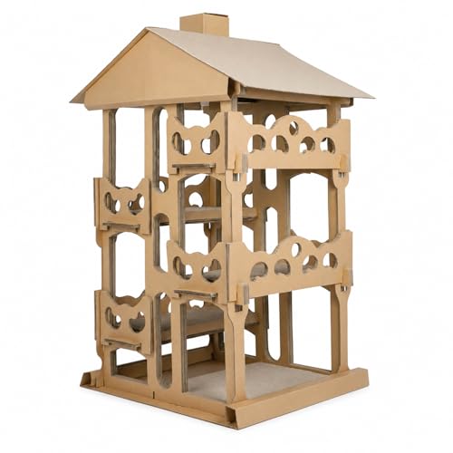 Emily Pets Cat Tree House Multi-Level Cardboard Cat Tower with Scratching Pads, Climbing Condo, Play House, Indoor Activity Center for Cats & Kittens