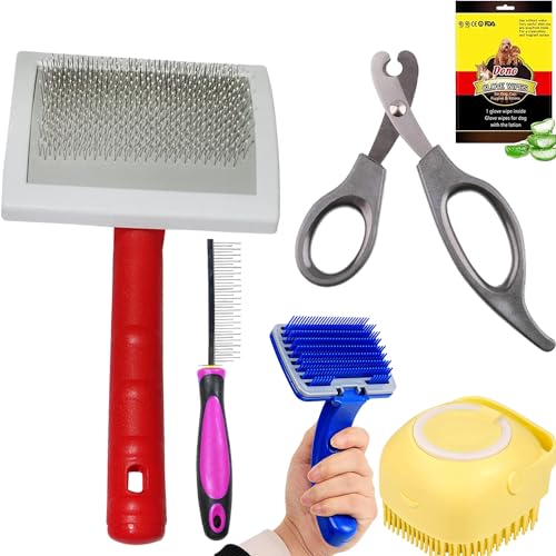 Cature Care by Nature Dog Grooming Kit-Dog Plastic Slicker Brush with Press Key for Puppies and Dogs, Pet Wipes Glove, Pet Nail Scissors, Dog Steel Comb Single Side for Pets (Pack of 6, Color me vary)