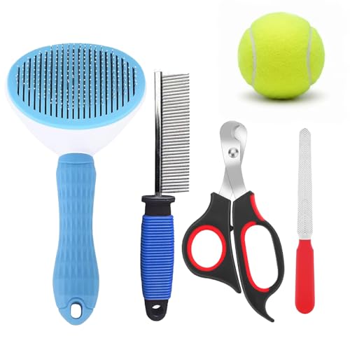 Emily Pets 3-in-1 Dog Grooming Kit with Slicker Brush, Metal Comb, Nail Cutter & Nail File for Dogs & Cats | Free Tennis Ball (Color May Vary)