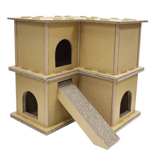 Emily Pets Cardboard Rabbit House with Scratcher Ramp, Multi-Level Bunny Hideout, Eco-Friendly Small Pet Playhouse for Rabbits, Guinea Pigs & Hamsters