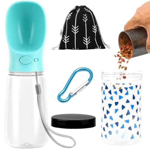 Cature Portable Dog Water Bottle with Food Container, Leak Proof Travel Water Dispenser, Collapsible Bowl, Treat Storage Bag & Carabiner for Dogs & Cats