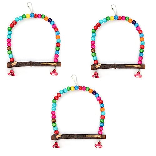 WildBird Care Peety Pets Parrot Standing Swing Hanging Toys Birds Colorful Wooden Bead Cage Holder Acessories with Bells (Pack of 3)