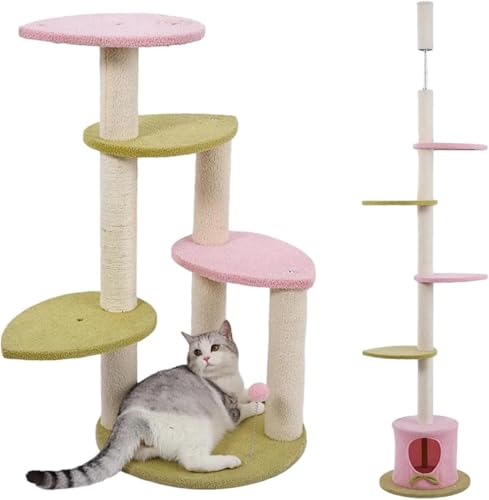 Emily Pets 5-in-1 Multi-Level Cat Tree for Small & Medium Cats – Pink & Green Cat Tower with Scratching Posts, Plush Pads, Toy & Condo