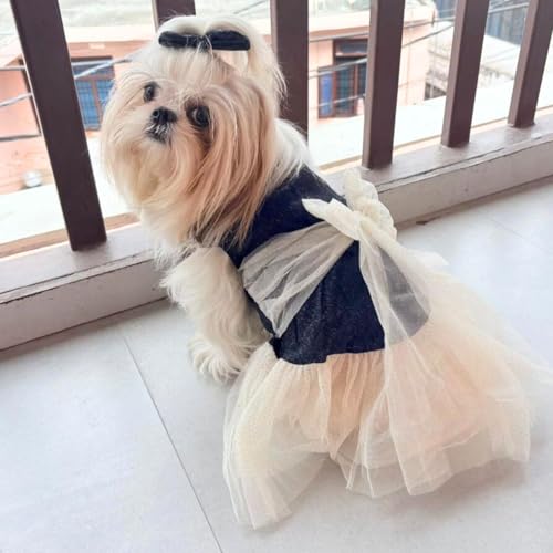 Lulala Dog Dress for Girls Dogs and Cats - Dark Blue Glitter Party Gown with Tulle Skirt, Bow and Headband | Fancy Pet Dress for Weddings, Birthdays, Photoshoots and Special Occasions