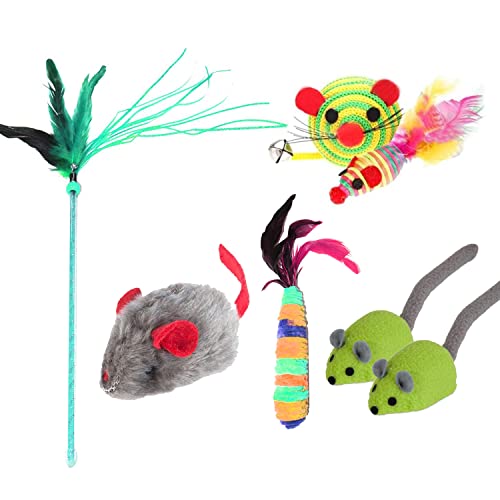 Cature 5 in 1 Cat Toys Kitten Toys Royal Combo - Cat Sequin Feather Stick Toys Plush Mouse Toy Sisal Mouse Toy and Feather Mouse Cat Toys Combo for Cat Kitten Exercise Playing Toy (Pack of 5)